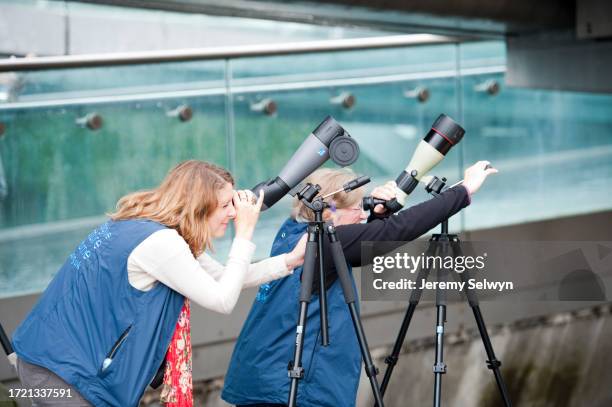 Royal Society For The Protection Of Birds Volunteers Evie Prysor-Jones And Celia Leam Are Watching A Pair Of Peregrine Falcons By Using A Telescope...