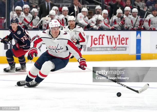 Nicolas Aube-Kubel of the Washington Capitals skates with the puck during the first period of the preseason against the Columbus Blue Jackets at...