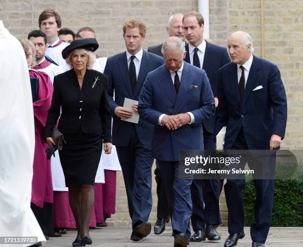 Prince Charles, Duchess Of Cornwall, Prince William And Prince Harry Attend The Funeral Of Hugh Cutsem In Brentwood, England. .They Bid Farewell To...