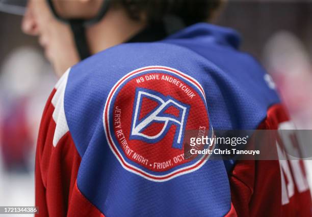 Detail of the patch the Oshawa Generals are wearing on the night of Dave Andreychuk jersey retirement during an OHL game against the Mississauga...