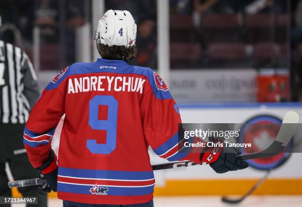 Detail of the jersey the Oshawa Generals are wearing on the night of Dave Andreychuk jersey retirement during an OHL game against the Mississauga...