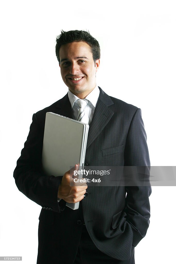 Business man hold laptop