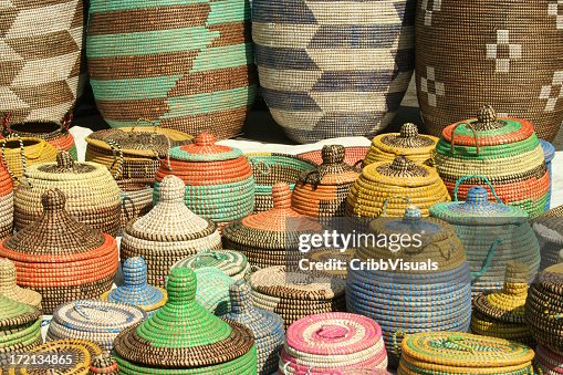 A series of hand woven African sea grass baskets A series of hand woven African sea grass baskets