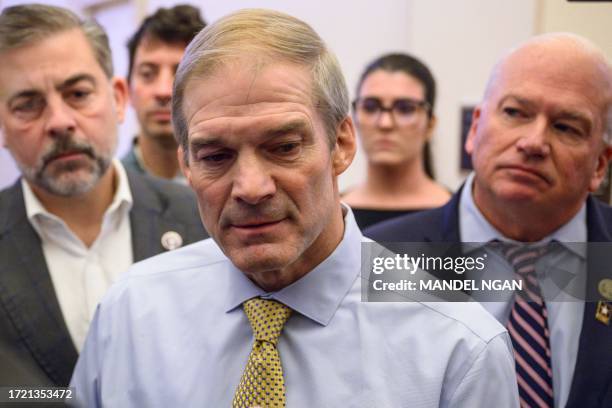 Representative Jim Jordan , R-OH, speaks to reporters after a Republicans caucus meeting where House Speaker candidate Steve Scalise dropped out, at...