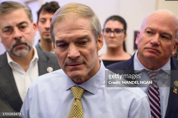 Representative Jim Jordan , R-OH, speaks to reporters after a Republicans caucus meeting where House Speaker candidate Steve Scalise dropped out, at...