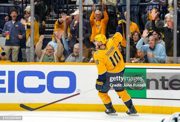 Colton Sissons of the Nashville Predators celebrates his short-handed goal against the Seattle Kraken during an NHL game at Bridgestone Arena on...