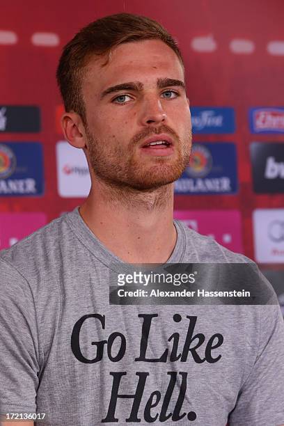 Jan Kirchhoff of FC Bayern Muenchen looks on during a press conference at Bayern Muenchens headquarter Saebener Strasse on July 2, 2013 in Munich,...