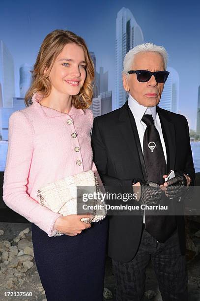 Natalia Vodianova and Karl Lagerfeld attend the Chanel show as part of Paris Fashion Week Haute Couture Fall/Winter 2013-2014 at Grand Palais on July...