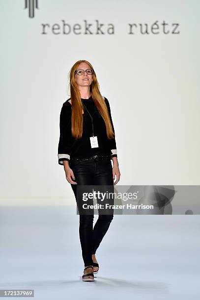 Fashion designer Rebekka Ruetz on the runway after her show during Mercedes-Benz Fashion Week Spring/Summer 2014 at Brandenburg Gate on July 2, 2013...