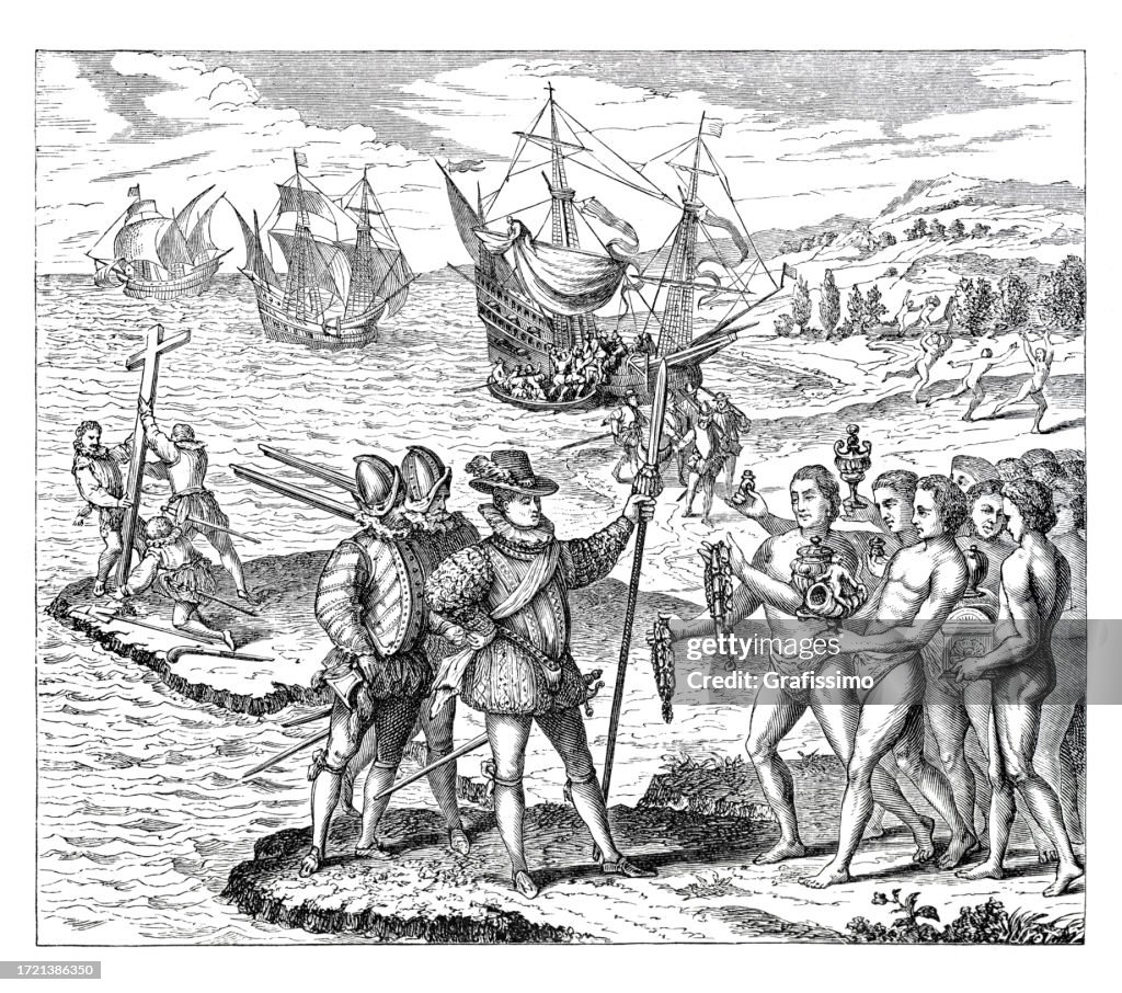 Cristoforo Colombo alla scoperta dell'America che erige la croce illustrazione del 1492