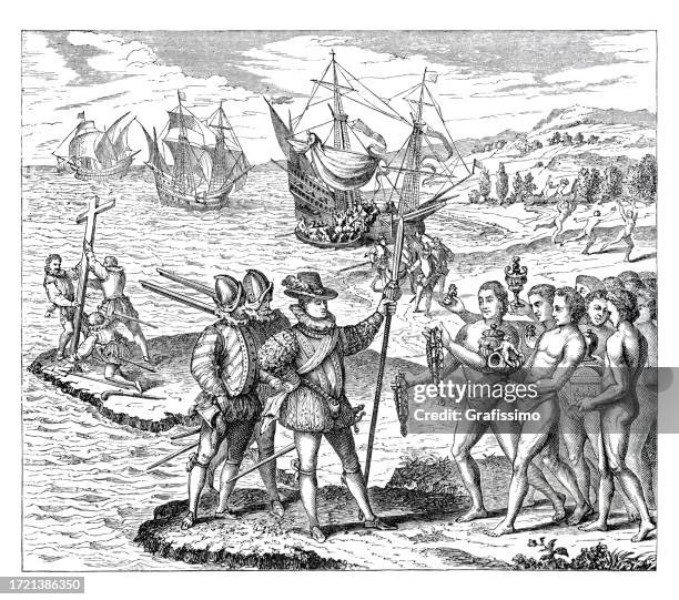 stockillustraties, clipart, cartoons en iconen met christopher columbus discovering america erecting the cross 1492 illustration - circa 15th century