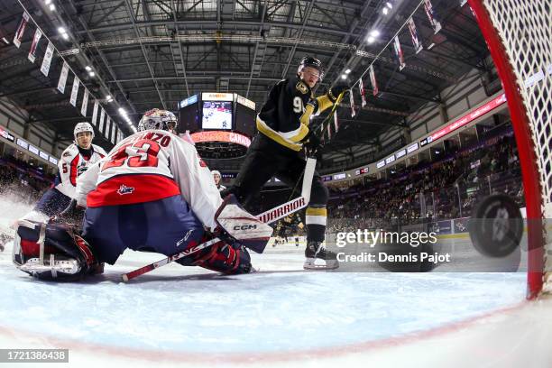Forward Linus Hemstrom of the Kingston Frontenacs celebrates a second period goal against goaltender Joey Costanzo of the Windsor Spitfires at WFCU...