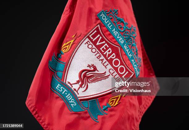 The Liverpool FC badge on a corner flag during the UEFA Europa League group E match between Liverpool FC and R. Union Saint-Gilloise at Anfield on...