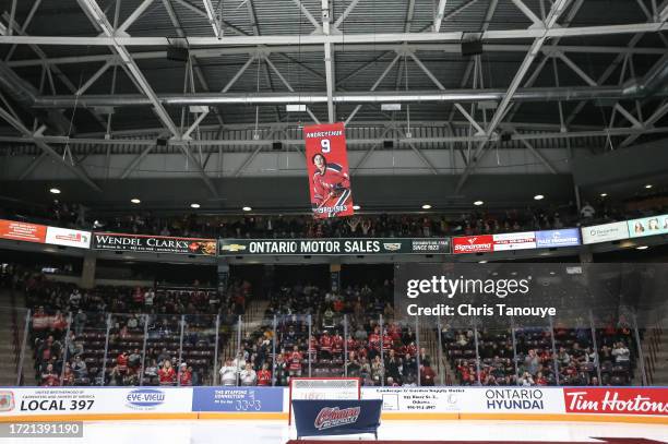 Dave Andreychuk's banner is raised to the rafters during his jersey retirement ceremony prior to a game between the Mississauga Steelheads and Oshawa...