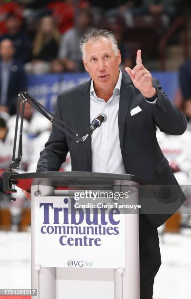 Dave Andreychuk, former Oshawa Generals player speaks during his jersey retirement ceremony prior to an OHL game between the Mississauga Steelheads...