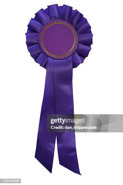 dark purple rosette on white background - purple ribbon stock pictures, royalty-free photos & images