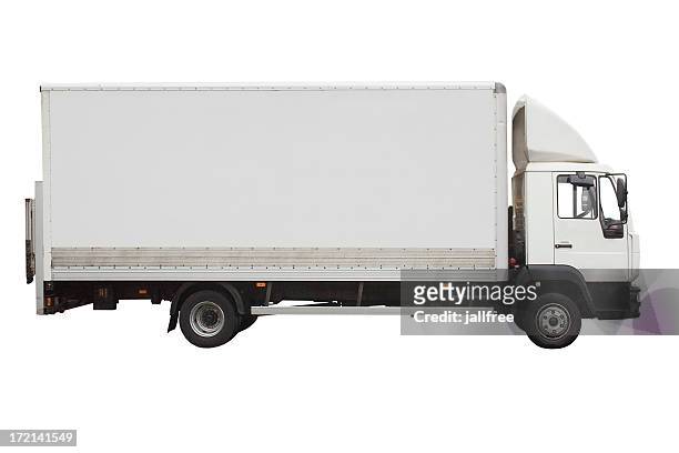 vue latérale d'un petit camion blanc isolé sur blanc - camion blanc photos et images de collection