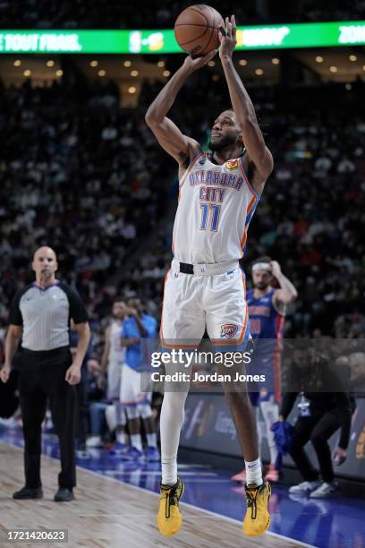 Isaiah Joe of the Oklahoma City Thunder shoots a three point basket during the game against the Detroit Pistons on October 12, 2023 at the Bell...