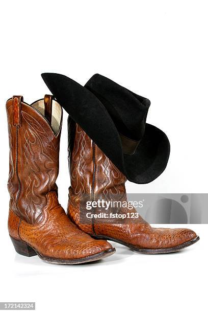 cowboy boots and hat on white background - cowboystövlar bildbanksfoton och bilder