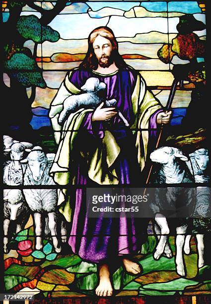 religious: stained glass jesus the good shepherd with 6 toes - jesus christ stock pictures, royalty-free photos & images