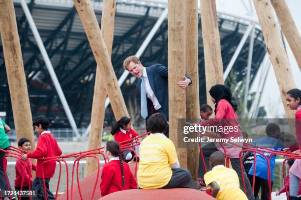 Prince Harry On A Rope Bridge At The Olympic Park Today..Prince Harry During His Visit To The Queen Elizabeth Olympic Park In London, England....