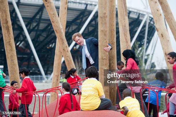 Prince Harry Has Fun On A Rope Bridge With Schoolchildren On His Visit To The Queen Elizabeth Olympic Park, London, England..Prince Harry Is To Join...