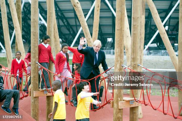 Boris Johnson On A Rope Bridge At The Olympic Park Today..Mayor Boris Johnson During His Visit To The Queen Elizabeth Olympic Park In London,...