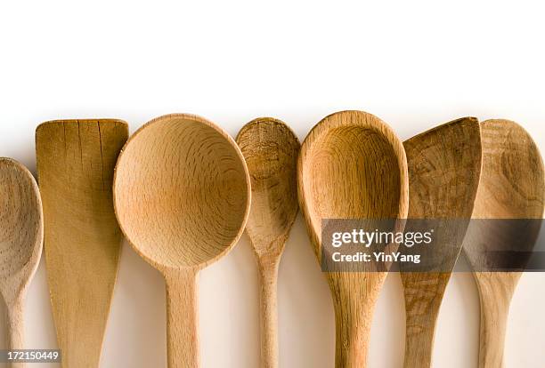 wooden spoon and spatula kitchen utensils frame border on white - wooden spoon stock pictures, royalty-free photos & images