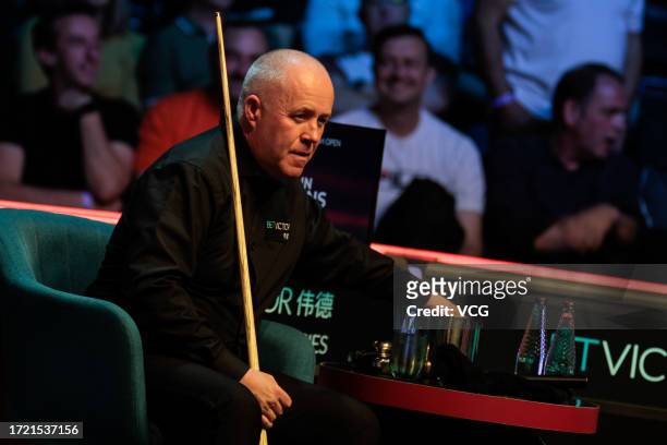 John Higgins of Scotland reacts in the Quarterfinal match against Martin O'Donnell of England on day 5 of 2023 BetVictor English Open at the...