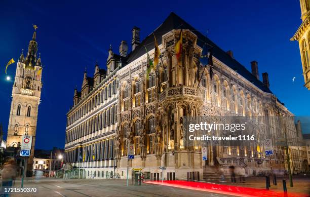 city hall and belfry of ghent, belgium - town hall stock pictures, royalty-free photos & images