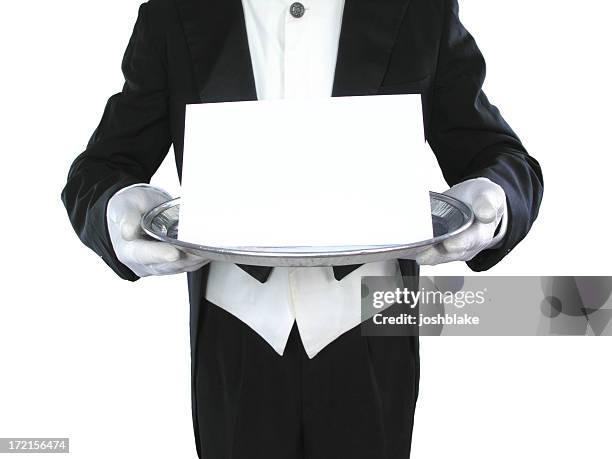 black and white image of a butler holding a blank paper - formal glove stock pictures, royalty-free photos & images