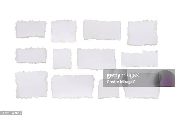 torn white paper pieces isolated on white - rasgado imagens e fotografias de stock