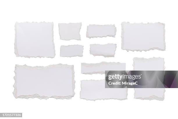 a set of torn white paper pieces isolated on white - torn paper set stock-fotos und bilder