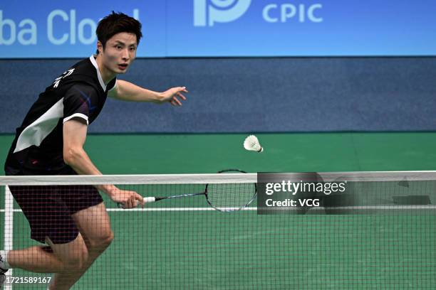 Shi Yuqi of Team China competes in the Badminton - Men's Singles Semifinal match against Kodai Naraoka of Team Japan on day 13 of the 19th Asian...