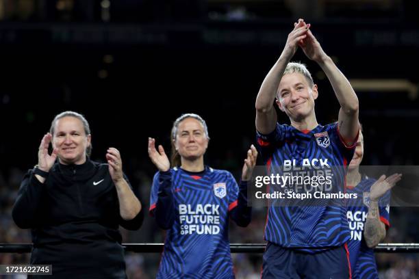 Megan Rapinoe of OL Reign waves to fans after her last home regular-season NWSL match at Lumen Field on October 06, 2023 in Seattle, Washington.