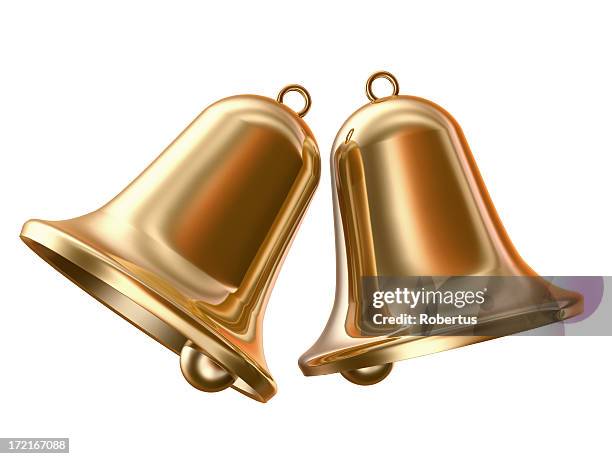 two gold bells on a white background - christmas bells stock pictures, royalty-free photos & images