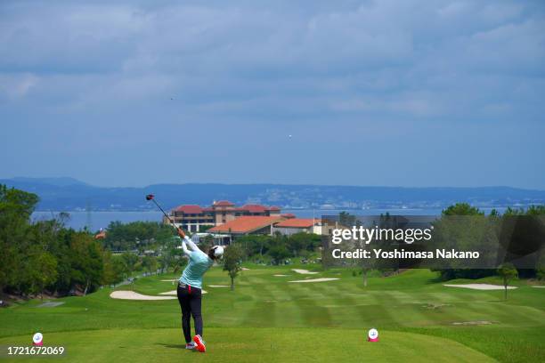 Saipan of Thailand hits her tee shot on the 9th hole during the final round of Kanehide Miyarabi Open at Kanehide Kise Country Club on October 7,...