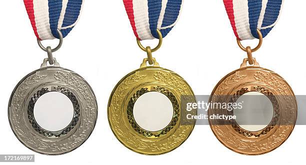 medaillen-set-gold, silber und bronze - bronzemedaille stock-fotos und bilder