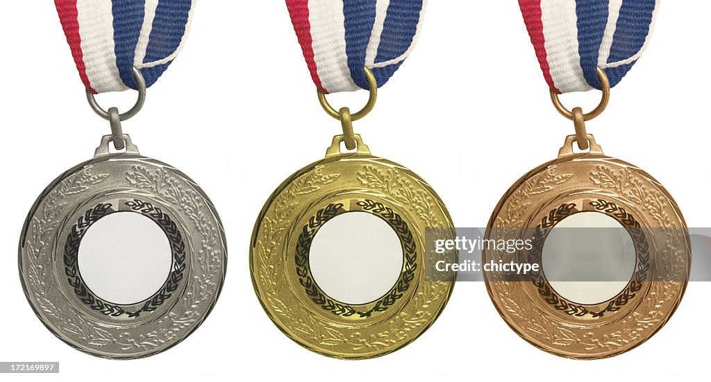 Conjunto de medalhas de ouro, prata e Bronze