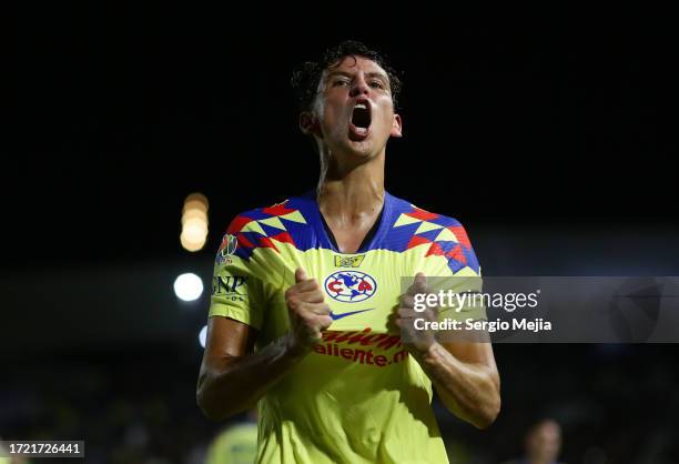 Igor Lichnovsky of America celebrates after scoring the team's second goal during the 12th round match between Mazatlan FC and America as part of the...