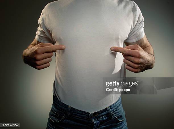 man in white t-shirt pointing at himself - chest stock pictures, royalty-free photos & images
