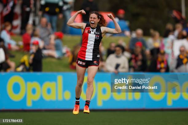 Alice Burke of the Saints celebrates kicking a goal during the round six AFLW match between St Kilda Saints and Hawthorn Hawks at RSEA Park, on...