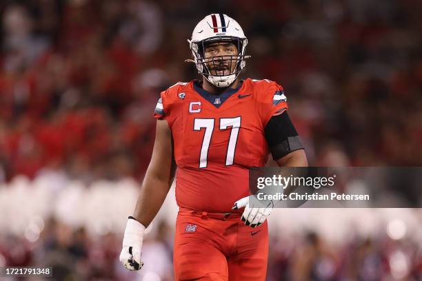 Offensive lineman Jordan Morgan of the Arizona Wildcats during the second half of the NCAAF game at Arizona Stadium on September 30, 2023 in Tucson,...