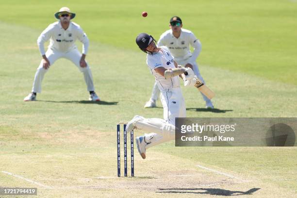 Mitch Perry of Victoria avoids a short pitched delivery during day 4 of the Sheffield Shield match between Western Australia and Victoria at the...