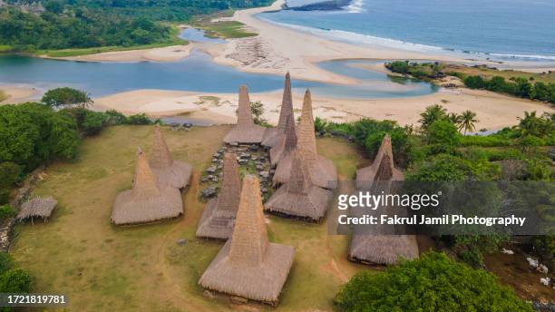 aerial view of traditional house of ratenggaro - sumba, east nusa tenggara indonesia - sumba stock pictures, royalty-free photos & images