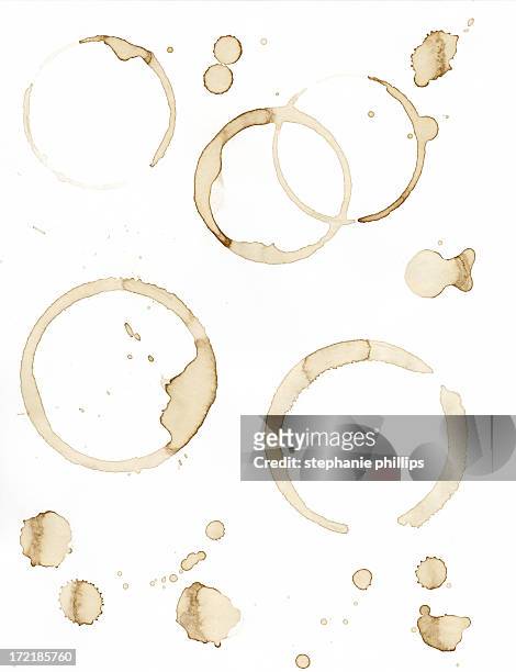 paper with coffee ring stains and coffee spills - stains stockfoto's en -beelden