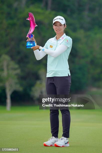 Saipan of Thailand poses with the trophy after winning the tournament following the final round of Kanehide Miyarabi Open at Kanehide Kise Country...