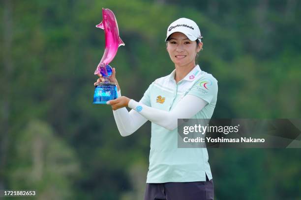 Saipan of Thailand poses with the trophy after winning the tournament following the final round of Kanehide Miyarabi Open at Kanehide Kise Country...