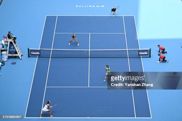 Magda Linette of Poland and Peyton Stearns of the United States in action during the Women's double semifinal match against Giuliana Olmos of Mexico...
