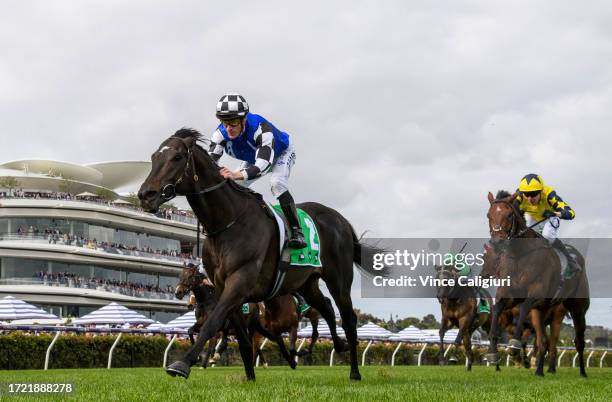 Mark Zahra riding Gold Trip defeats Jamie Spencer riding West Wind Blows and Craig Williams riding Soulcombe in Race 8, the Tab Turnbull Stakes,...